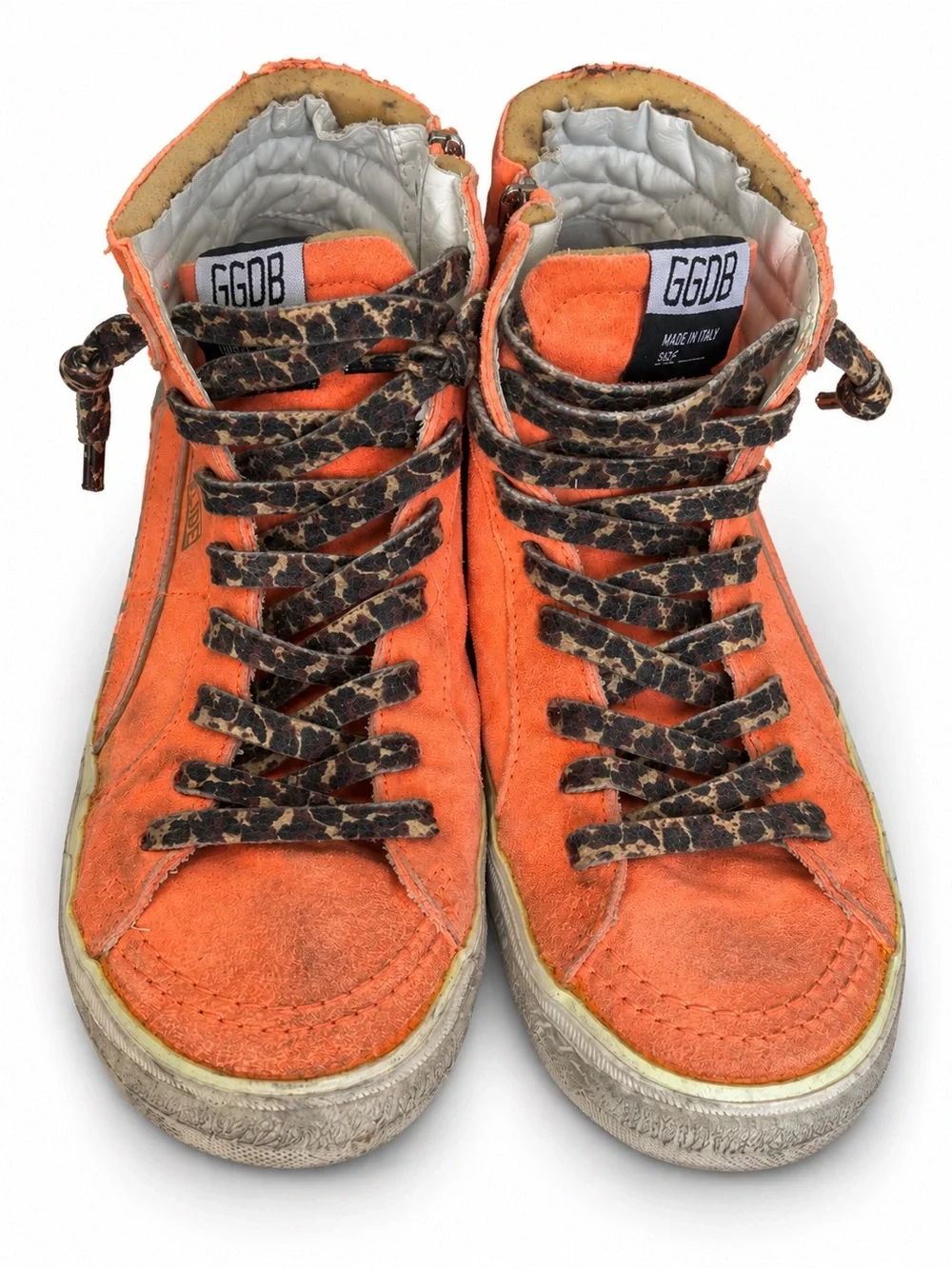 Golden Goose GGDB Slide Orange Suede High Top Sneakers Leopard Laces Sz 39
